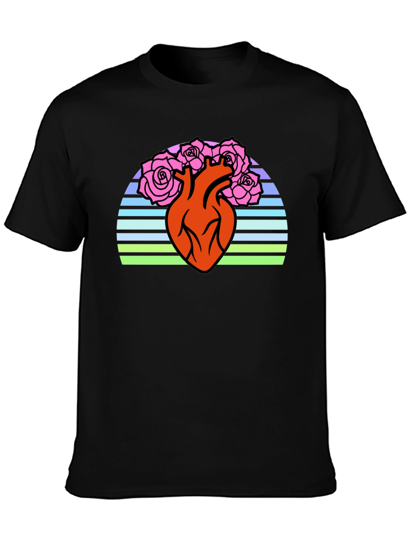 Anatomical Heart & Roses Graphic T-Shirt - Black