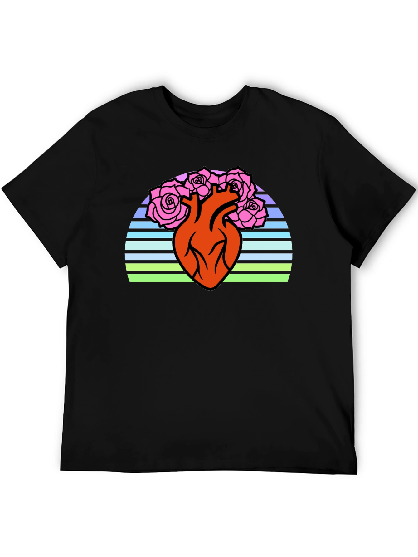 Anatomical Heart & Roses Graphic T-Shirt - Black