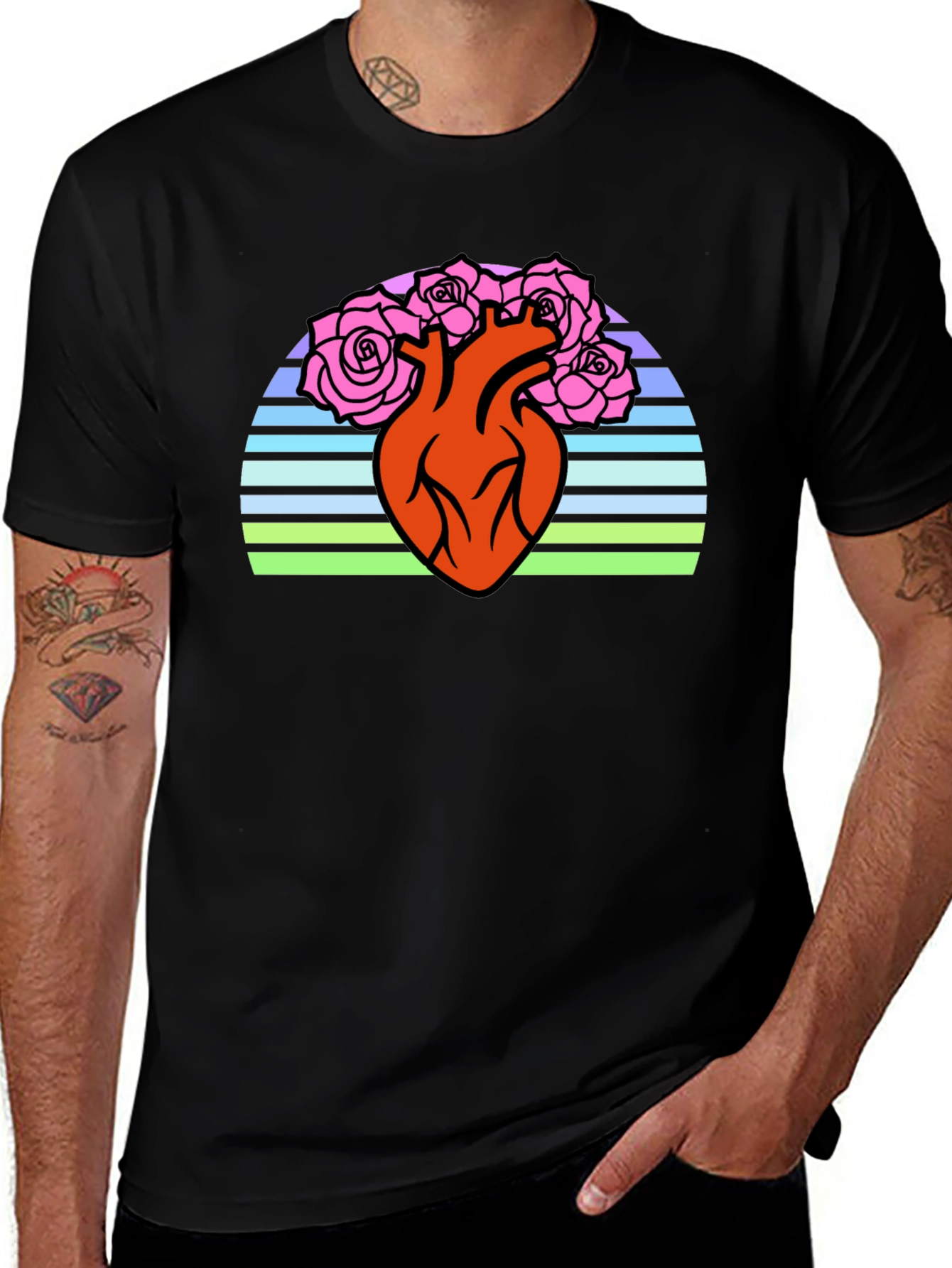 Anatomical Heart & Roses Graphic T-Shirt - Black