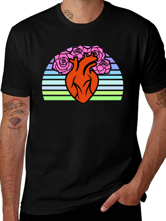 Anatomical Heart & Roses Graphic T-Shirt - Black