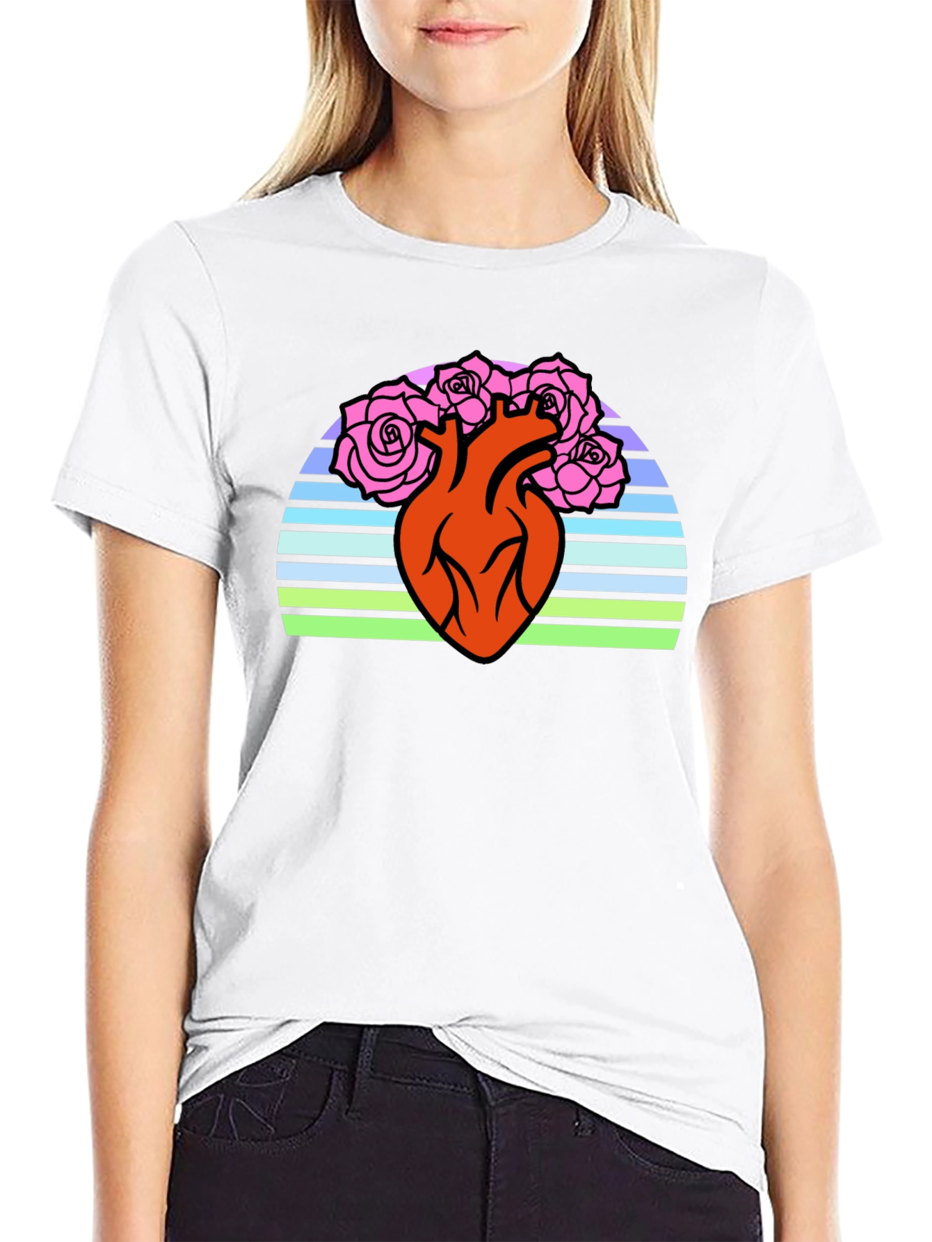 Anatomical Heart & Roses Graphic T-Shirt - Black