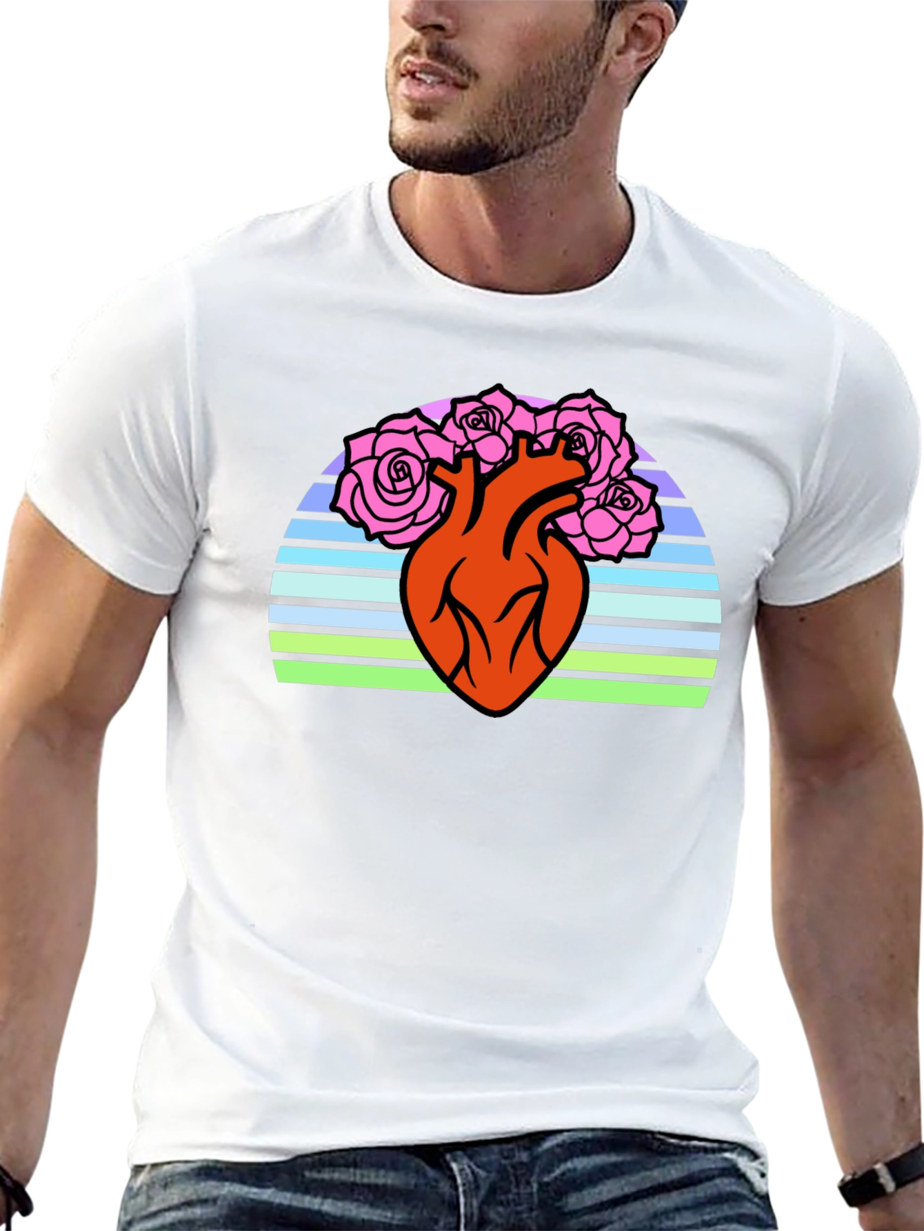 Anatomical Heart & Roses Graphic T-Shirt - Black