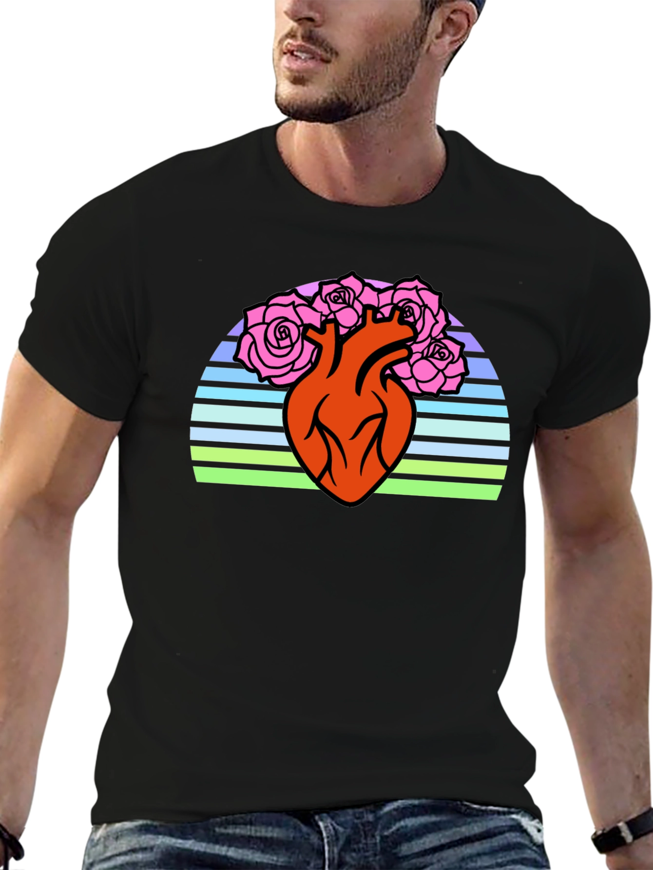 Anatomical Heart & Roses Graphic T-Shirt - Black