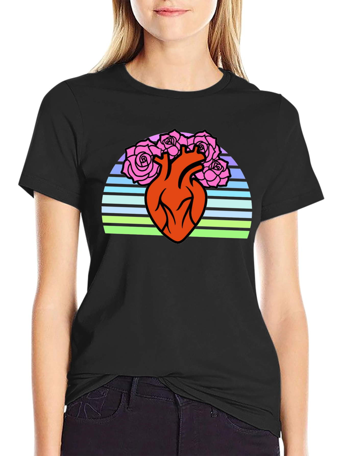 Anatomical Heart & Roses Graphic T-Shirt - Black