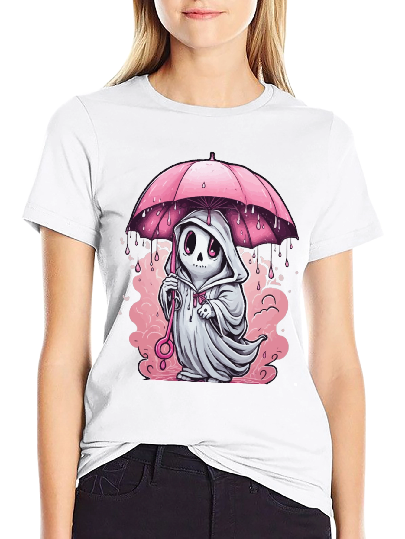 Ghost Under Umbrella T-Shirt - Spooky Cute Design