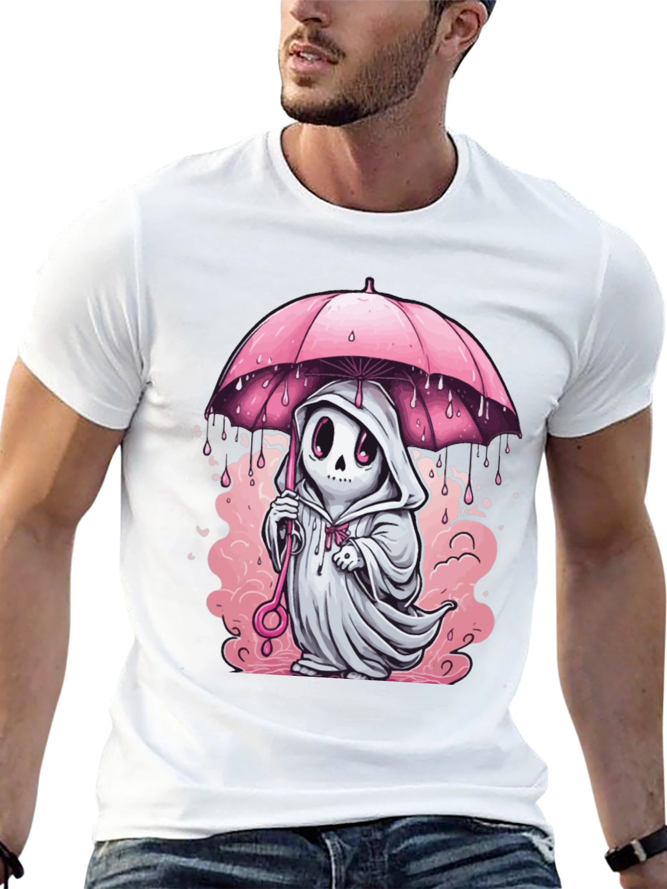 Ghost Under Umbrella T-Shirt - Spooky Cute Design