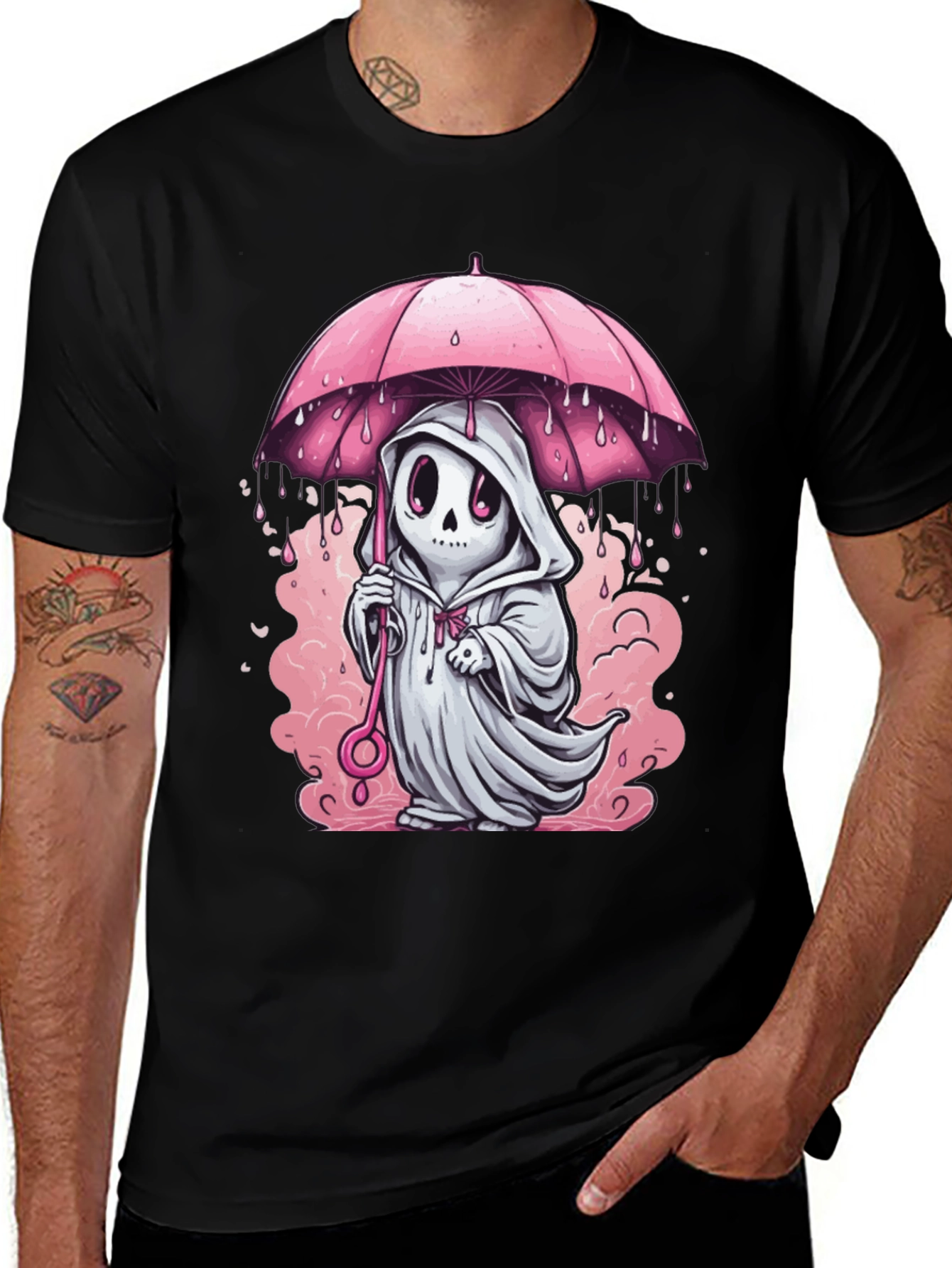 Ghost Under Umbrella T-Shirt - Spooky Cute Design