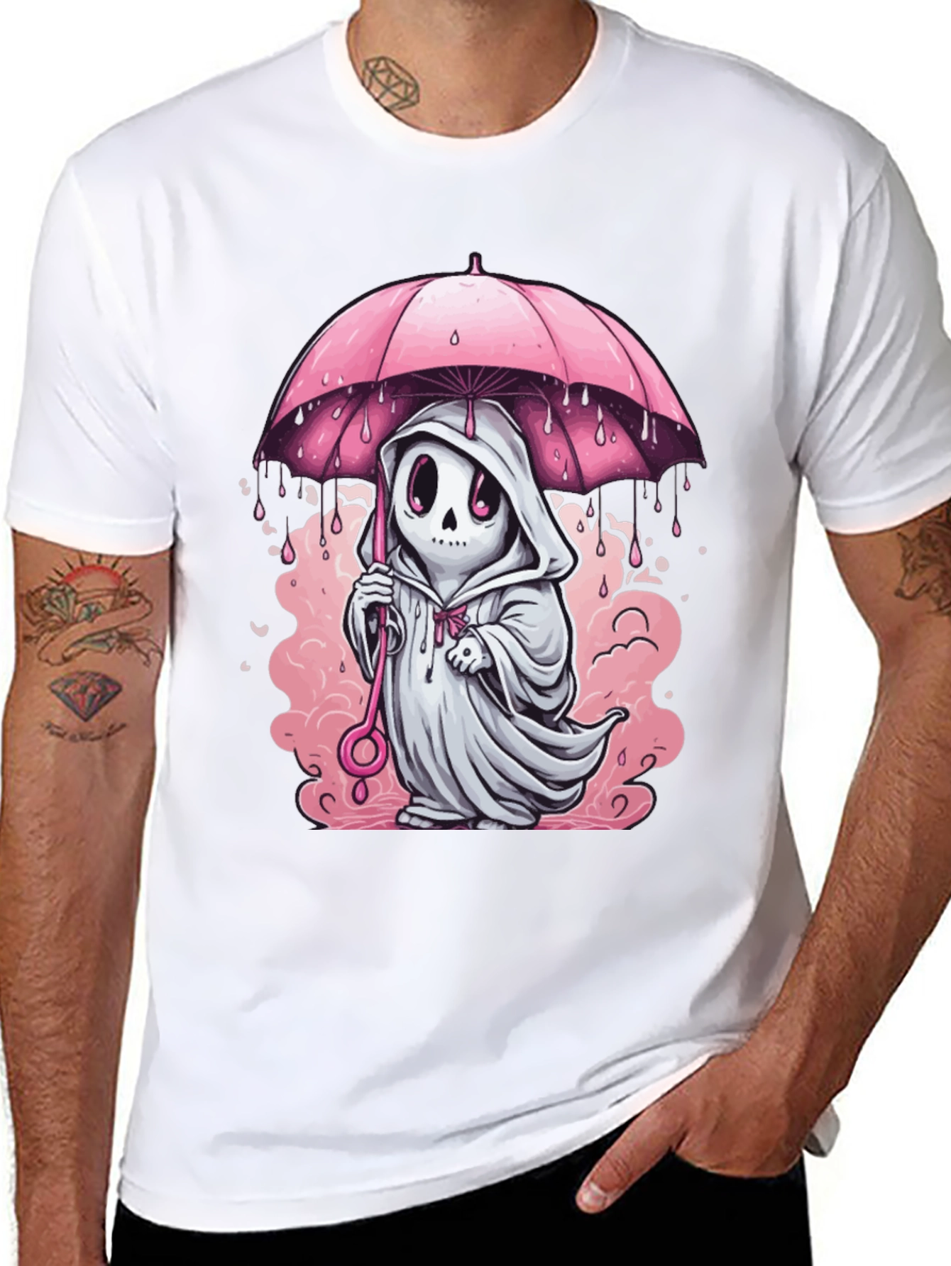 Ghost Under Umbrella T-Shirt - Spooky Cute Design