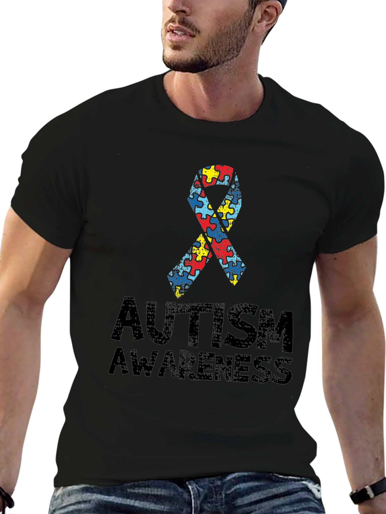 Autism Awareness Puzzle Ribbon T-Shirt - Black