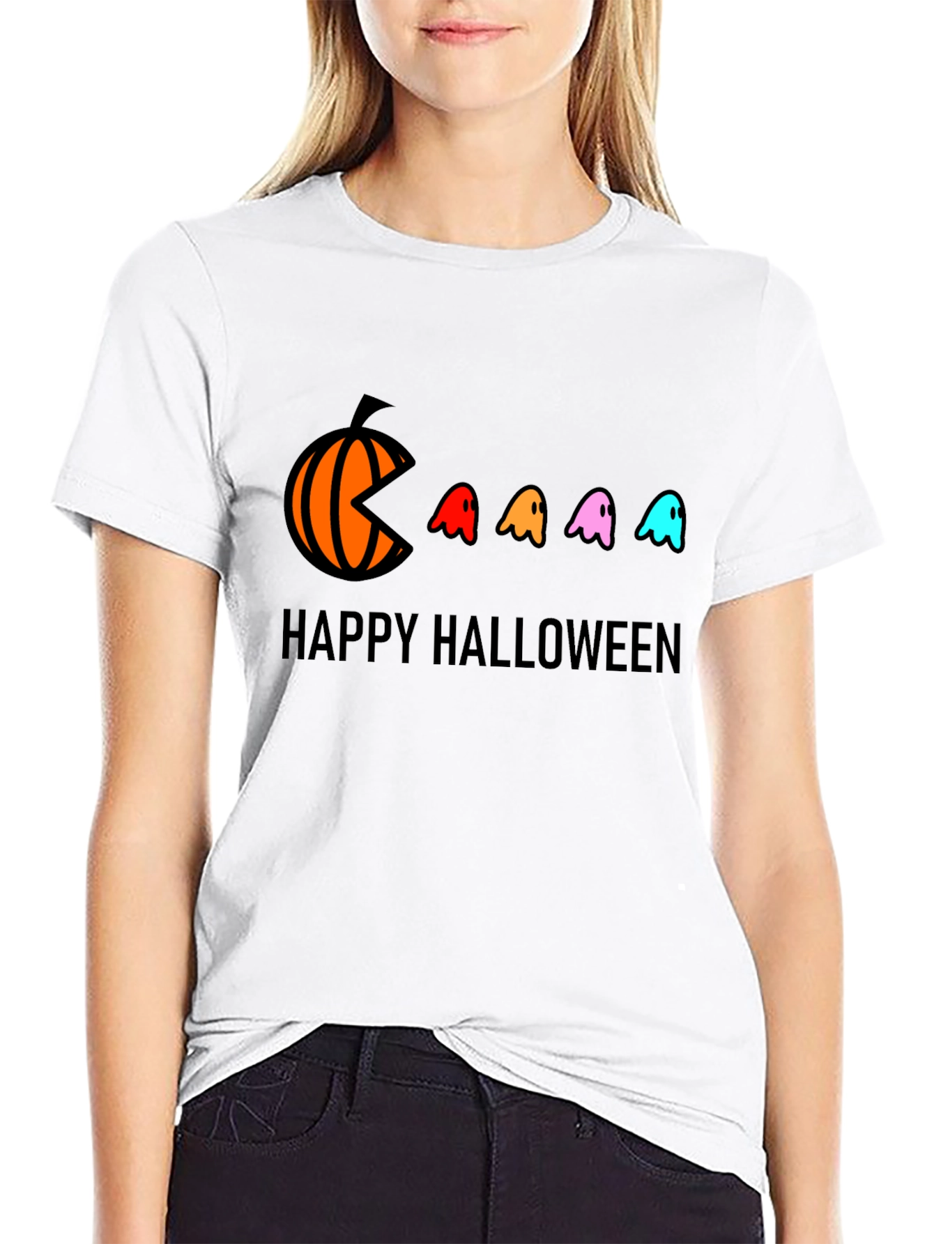 Happy Halloween T-Shirt - Pumpkin Pacman Ghost Design