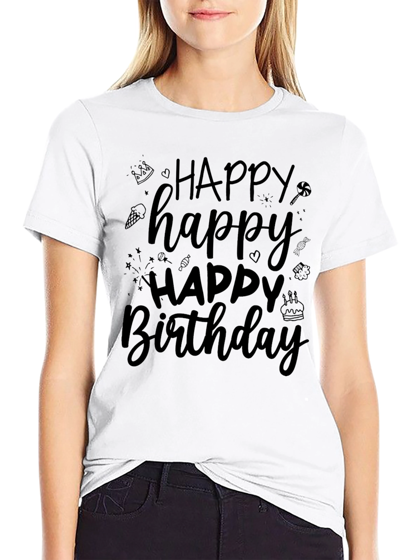 Happy Birthday T-Shirt - Black Crew Neck
