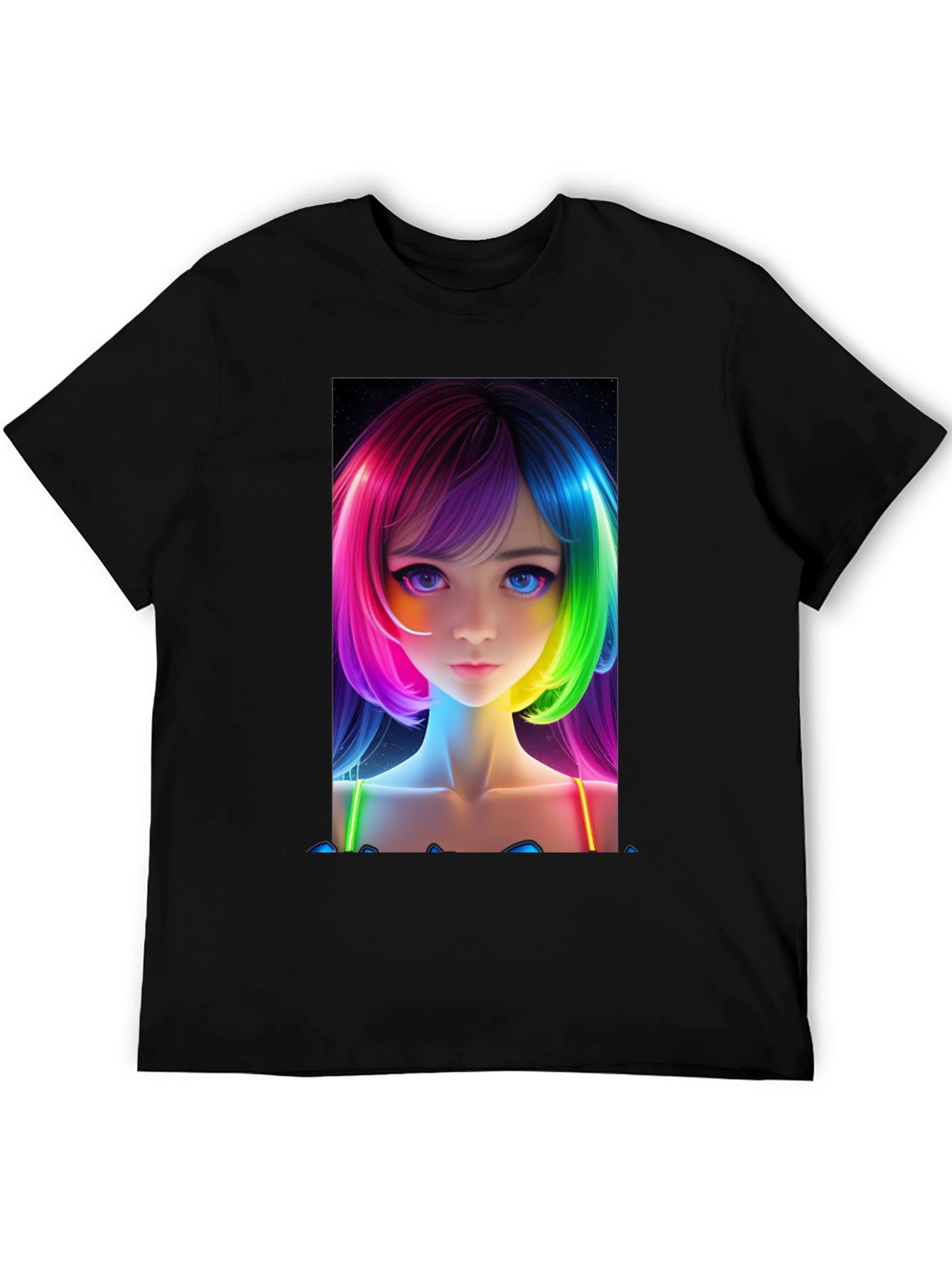 Anime Girl Rainbow Hair Black T-Shirt