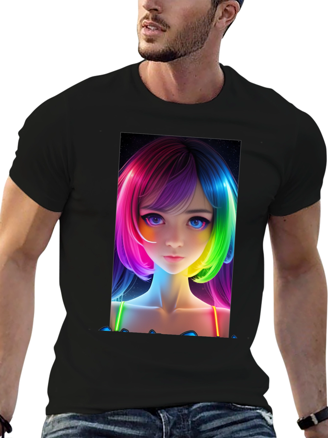 Anime Girl Rainbow Hair Black T-Shirt
