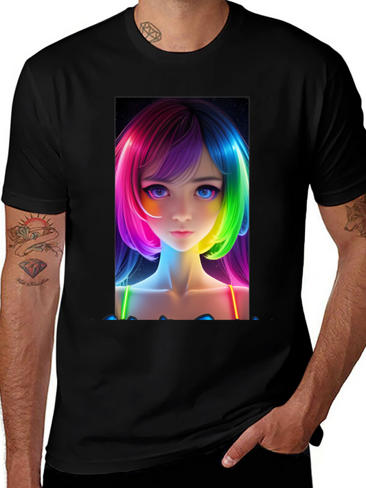 Anime Girl Rainbow Hair Black T-Shirt
