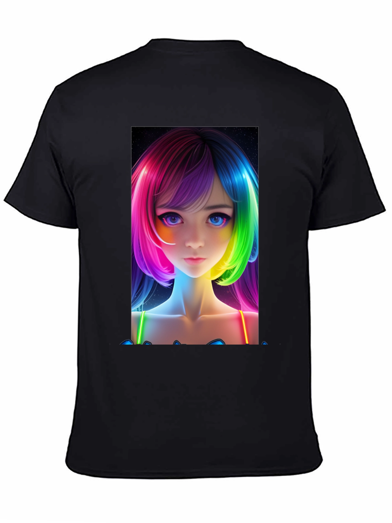 Anime Girl Rainbow Hair Black T-Shirt