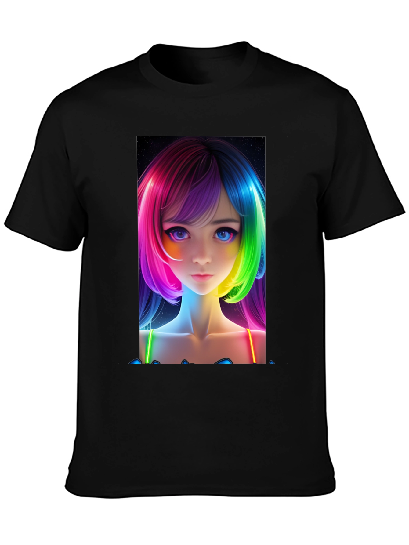 Anime Girl Rainbow Hair Black T-Shirt