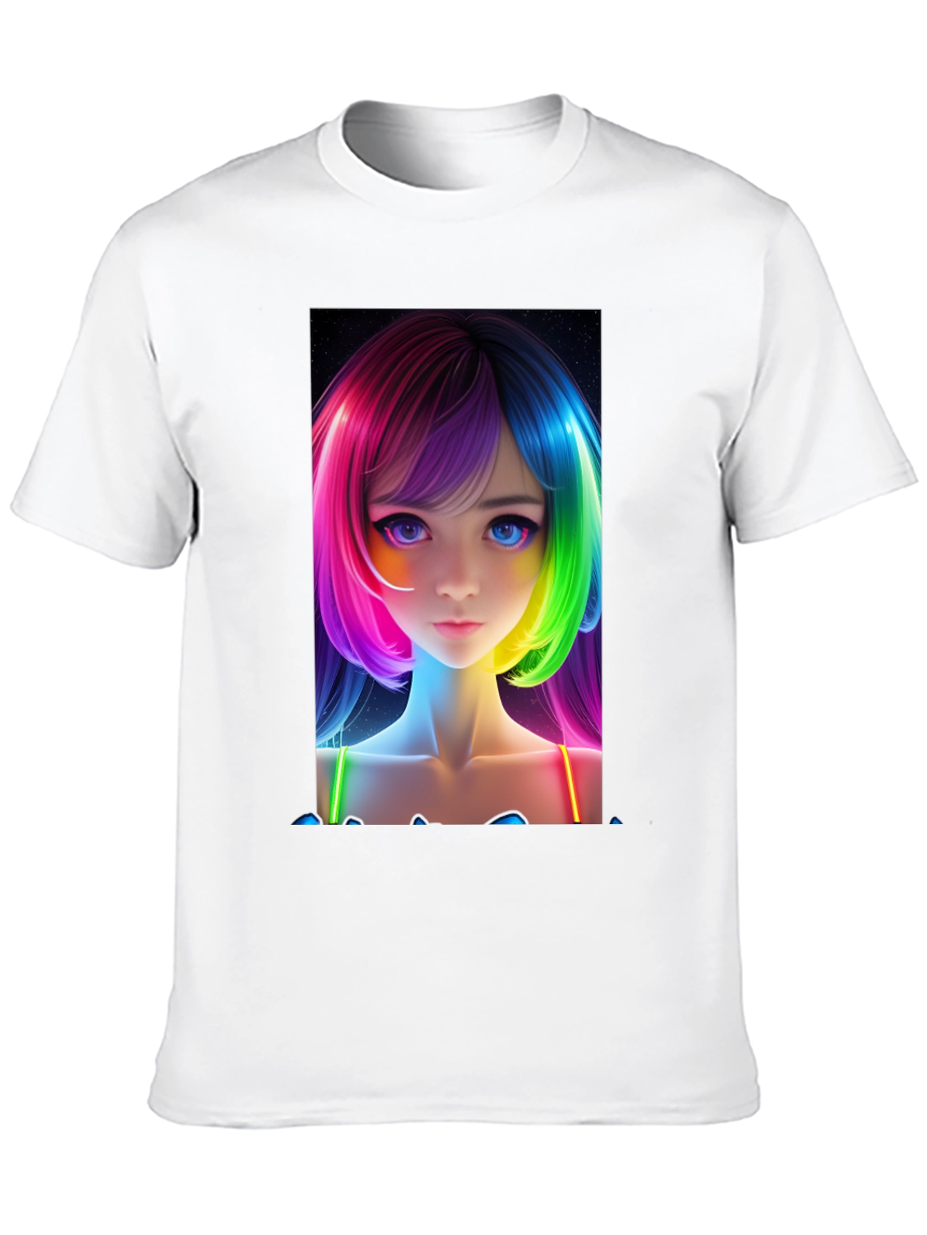 Anime Girl Rainbow Hair Black T-Shirt