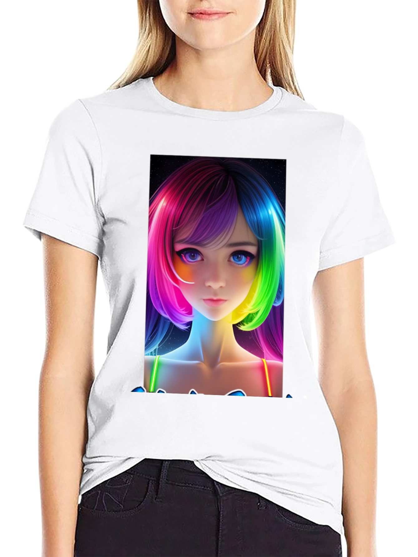 Anime Girl Rainbow Hair Black T-Shirt