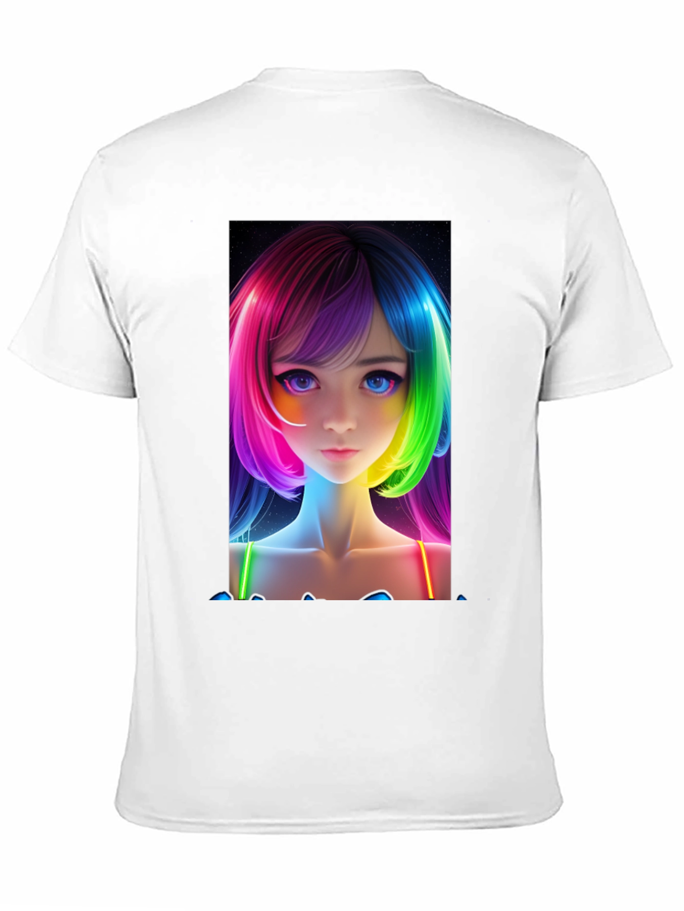Anime Girl Rainbow Hair Black T-Shirt