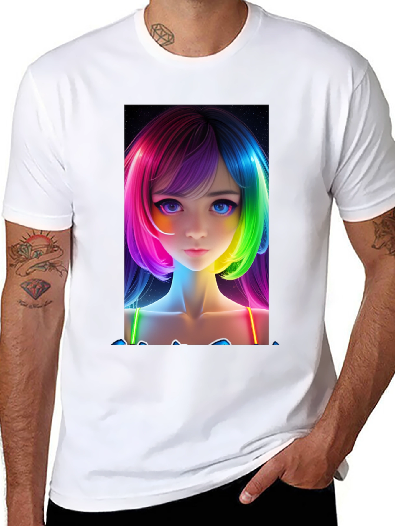 Anime Girl Rainbow Hair Black T-Shirt