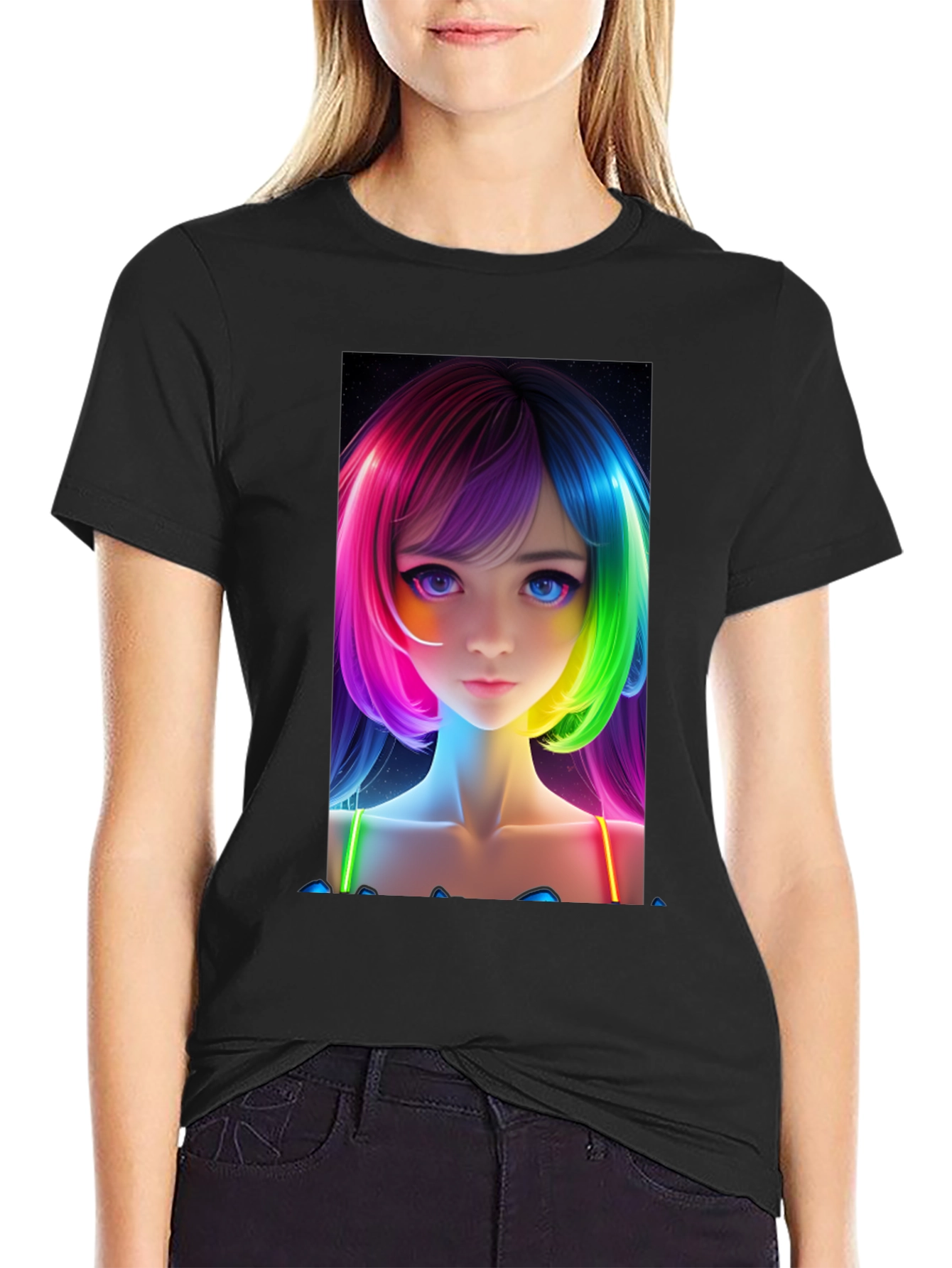Anime Girl Rainbow Hair Black T-Shirt