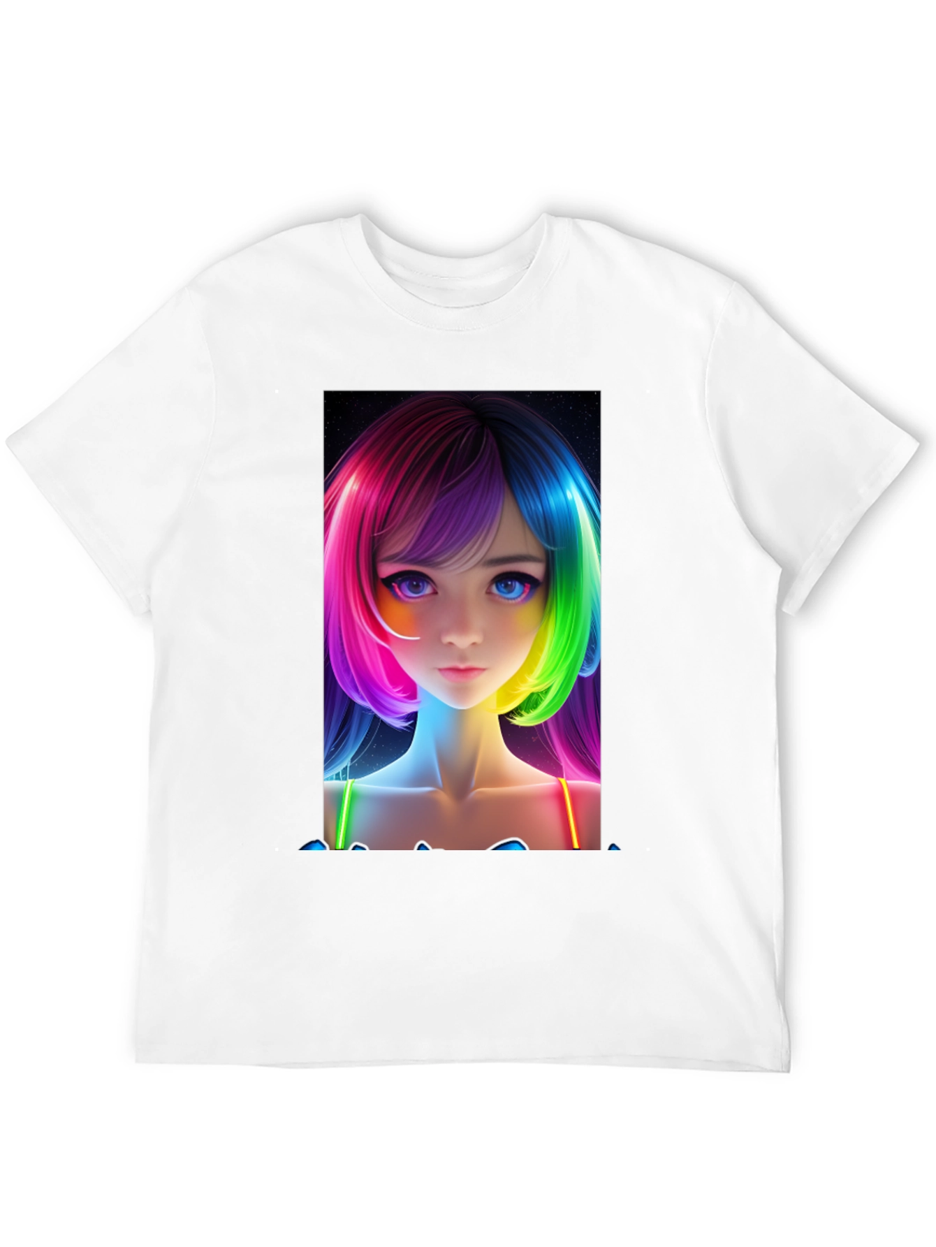 Anime Girl Rainbow Hair Black T-Shirt
