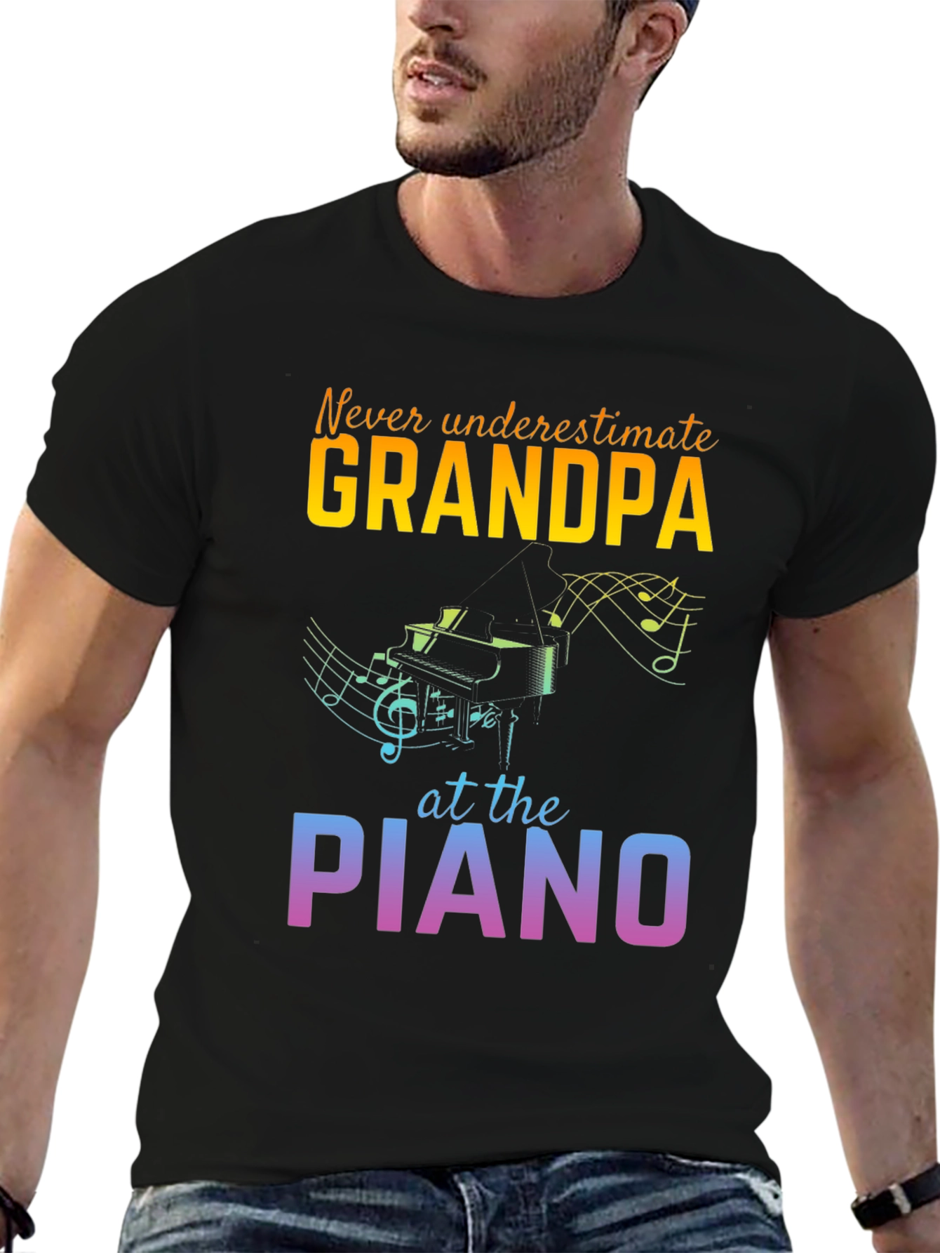 Grandpa Piano Player Black T-Shirt