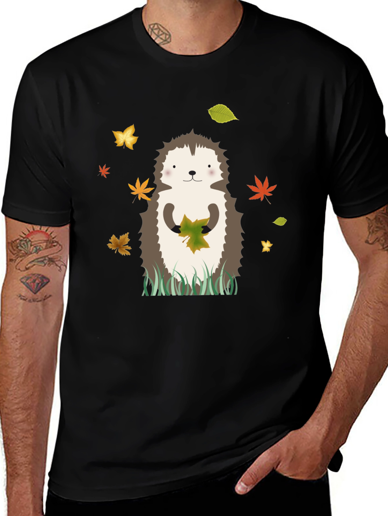 Hedgehog Autumn Leaves Graphic Tee - Black