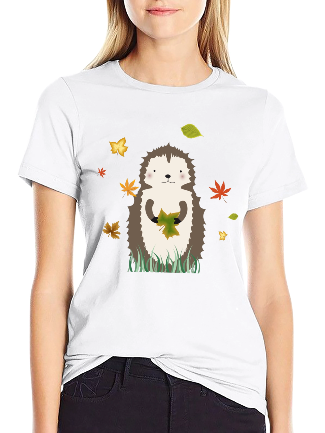 Hedgehog Autumn Leaves Graphic Tee - Black