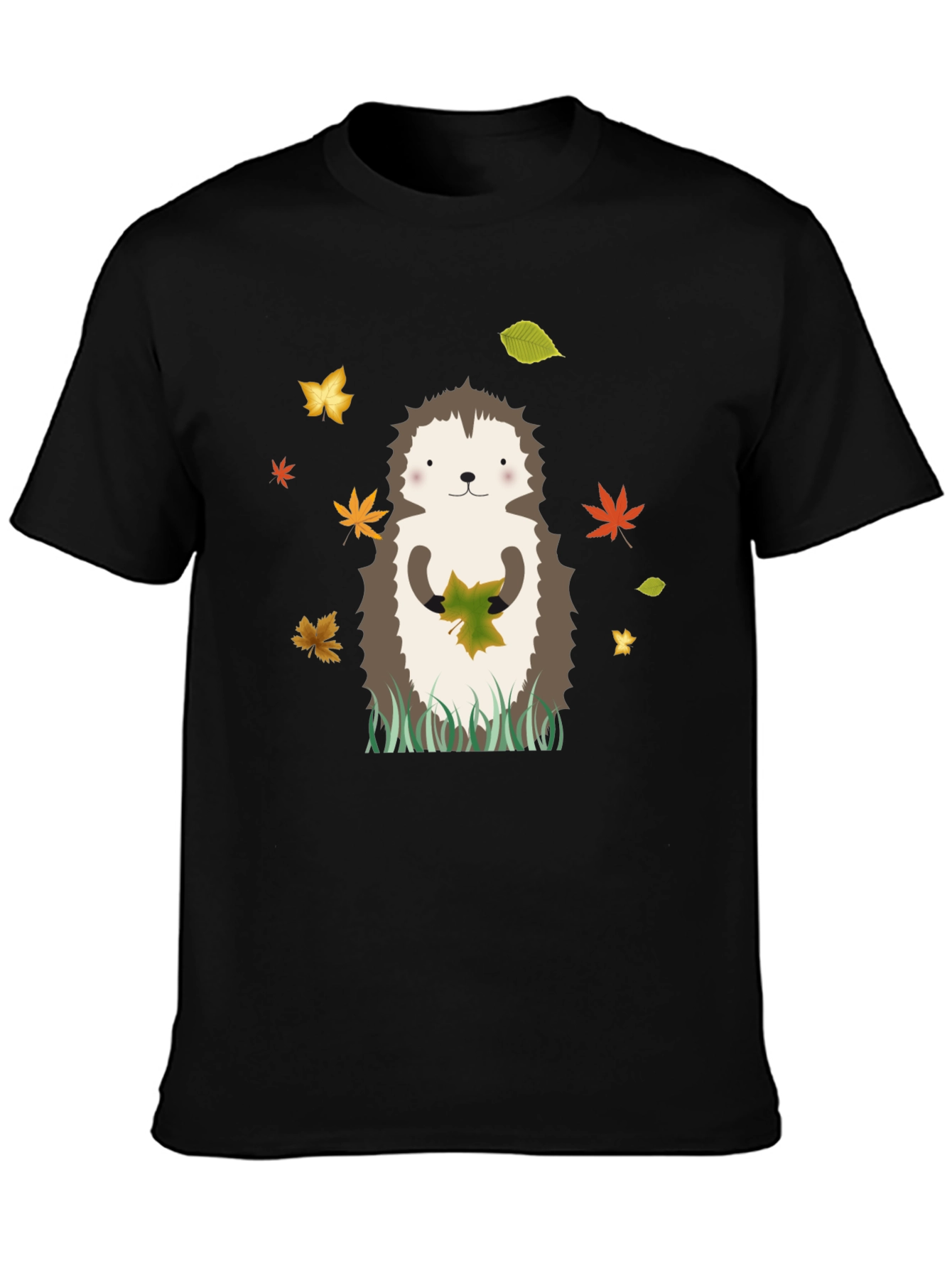 Hedgehog Autumn Leaves Graphic Tee - Black
