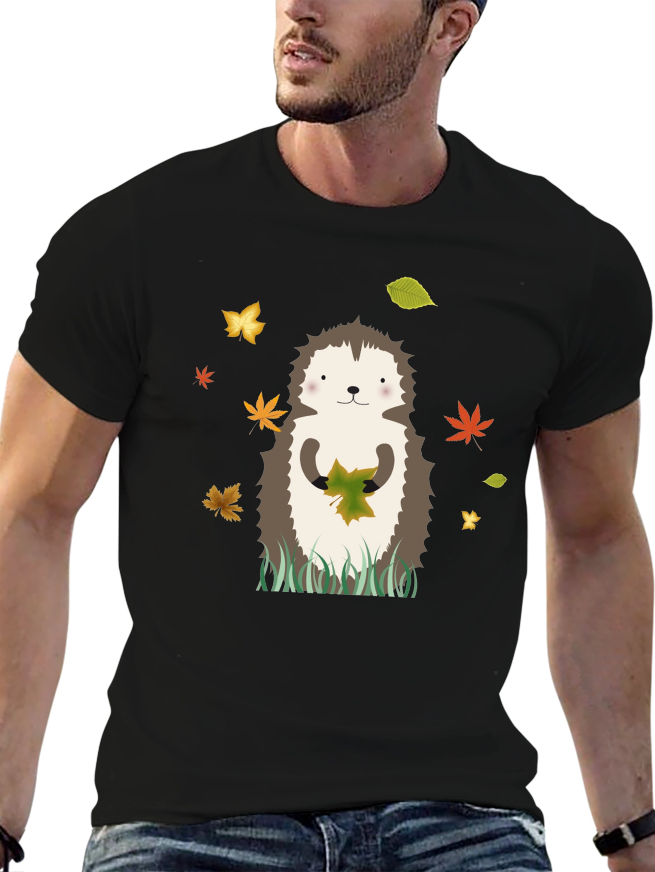 Hedgehog Autumn Leaves Graphic Tee - Black