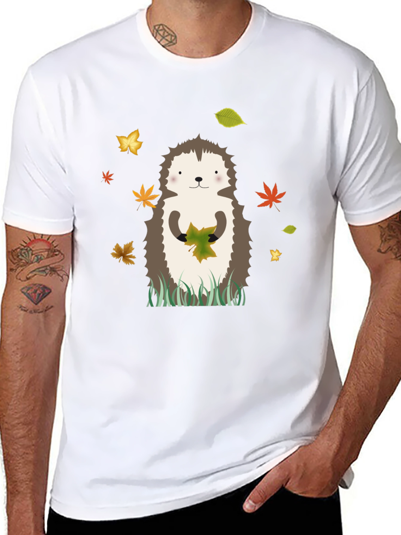 Hedgehog Autumn Leaves Graphic Tee - Black