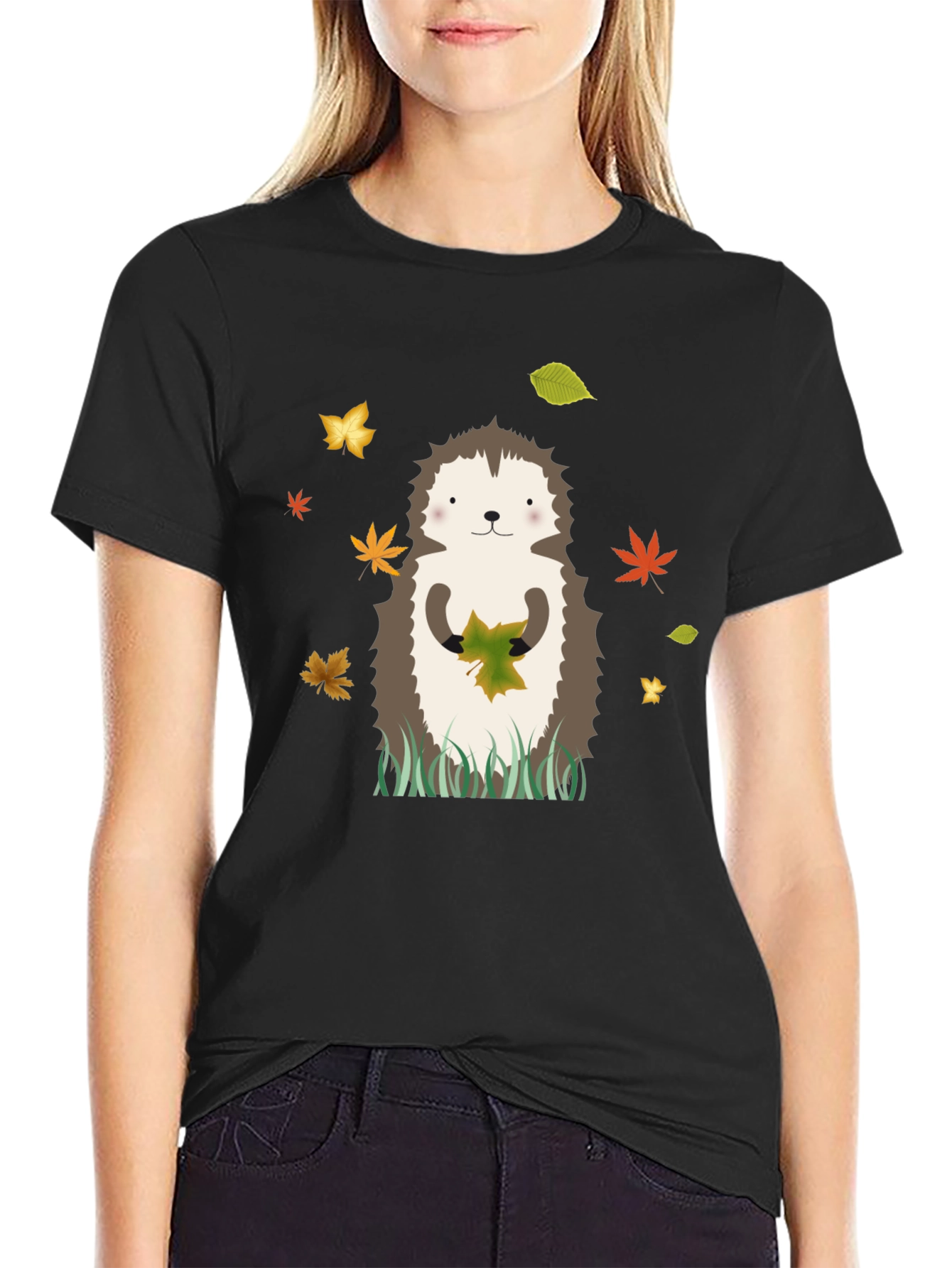 Hedgehog Autumn Leaves Graphic Tee - Black