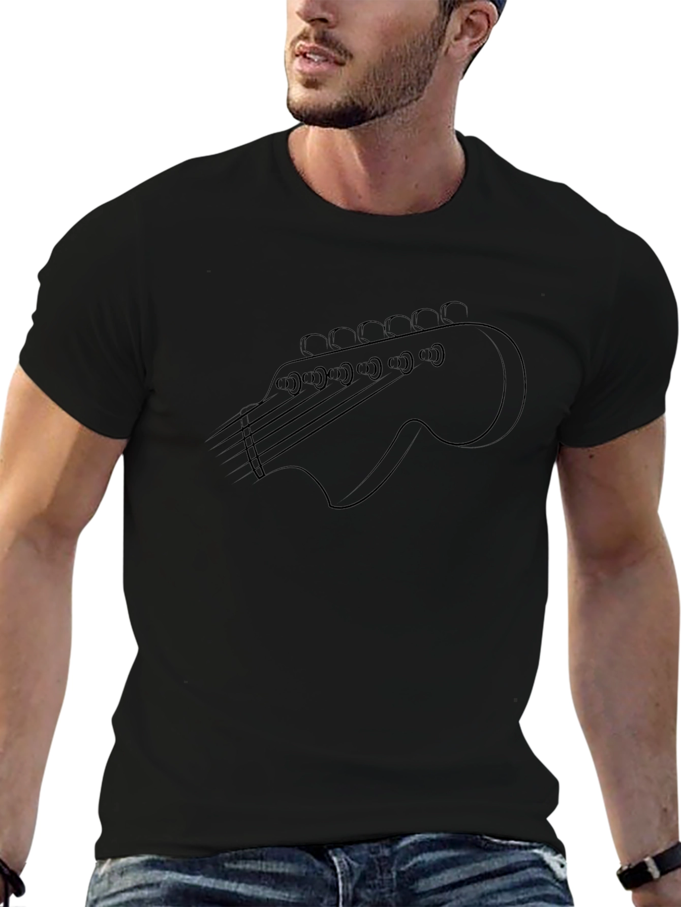 Guitar Headstock Graphic Tee - Black Cotton T-Shirt