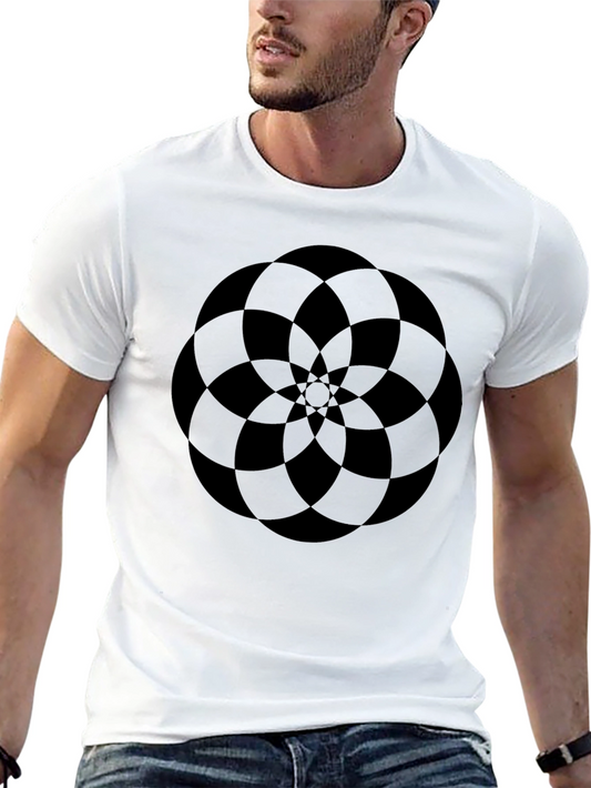 Abstract Geometric Flower Design Black T-Shirt
