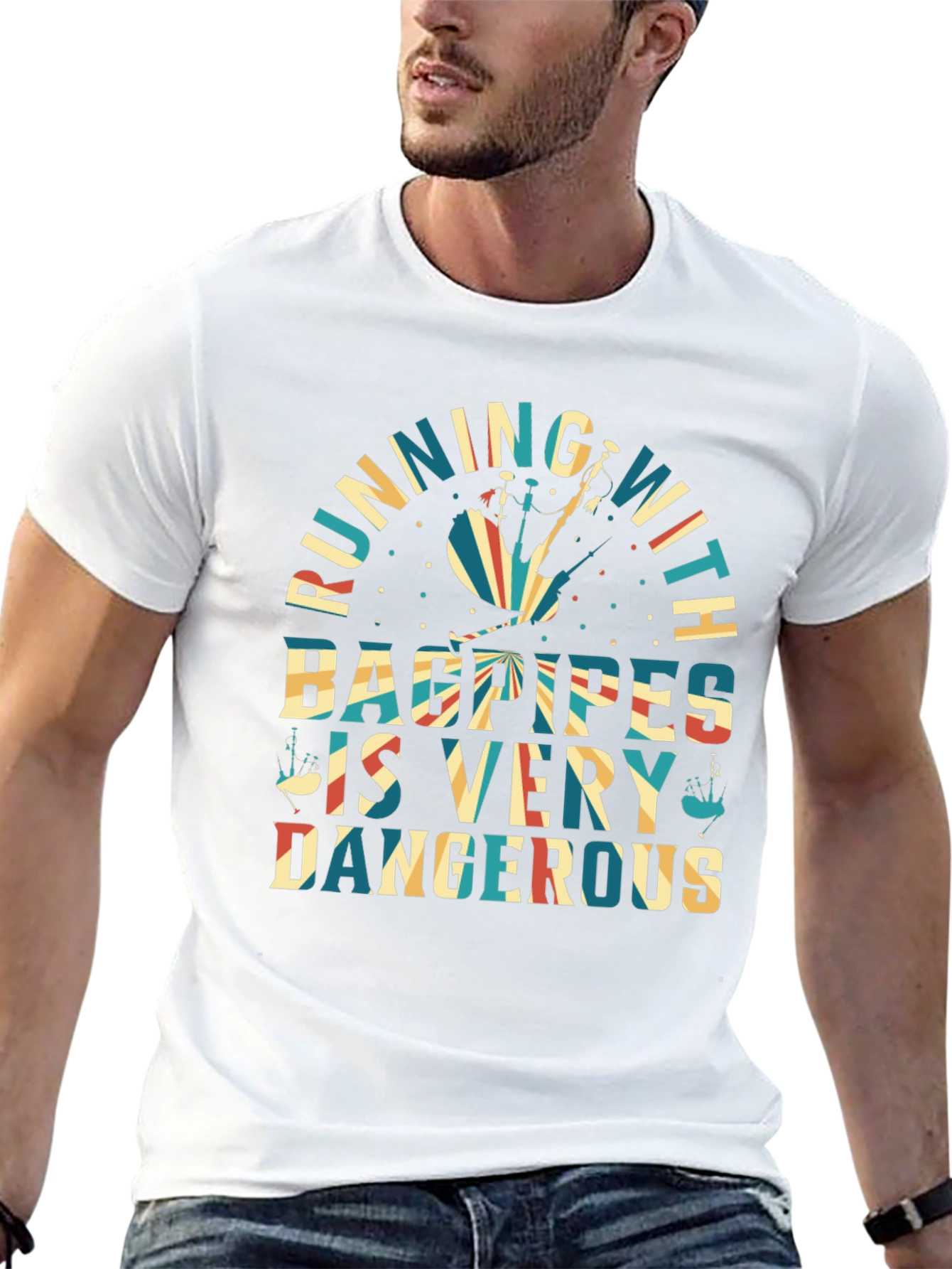 Bagpipes T-Shirt - Running With Bagpipes Design