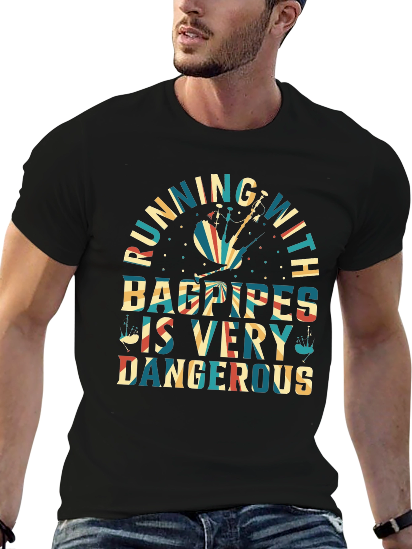 Bagpipes T-Shirt - Running With Bagpipes Design