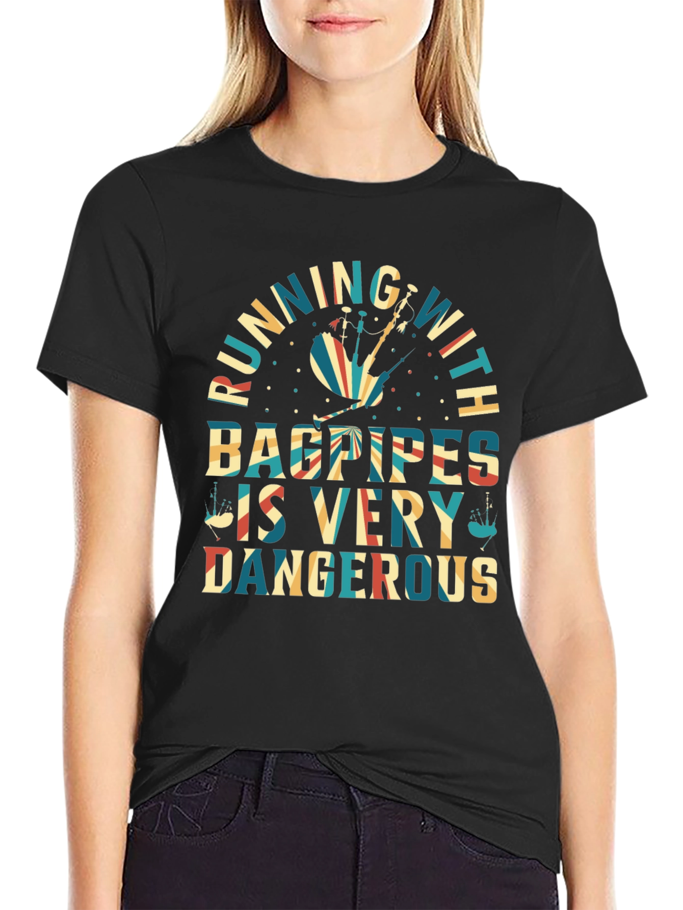 Bagpipes T-Shirt - Running With Bagpipes Design
