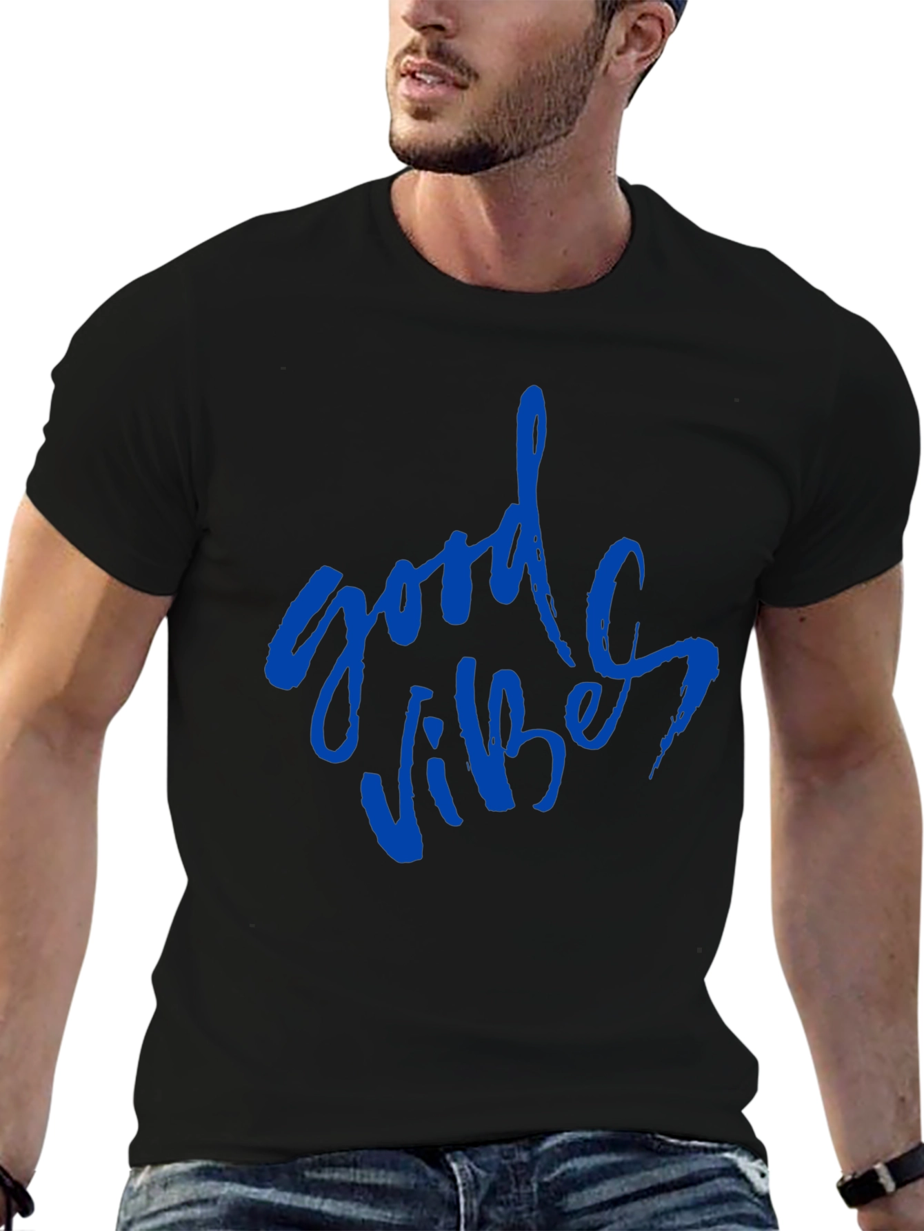 Good Vibes Blue Print Black T-Shirt