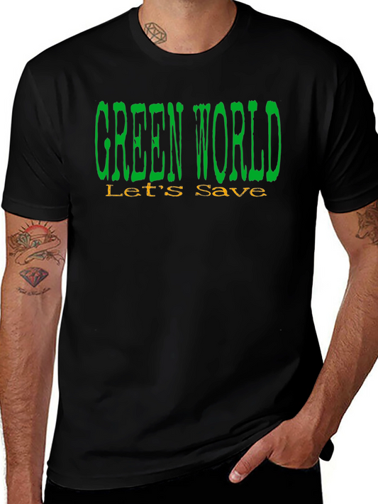 Green World Lets Save Earth Graphic Tee - Black Cotton T-Shirt
