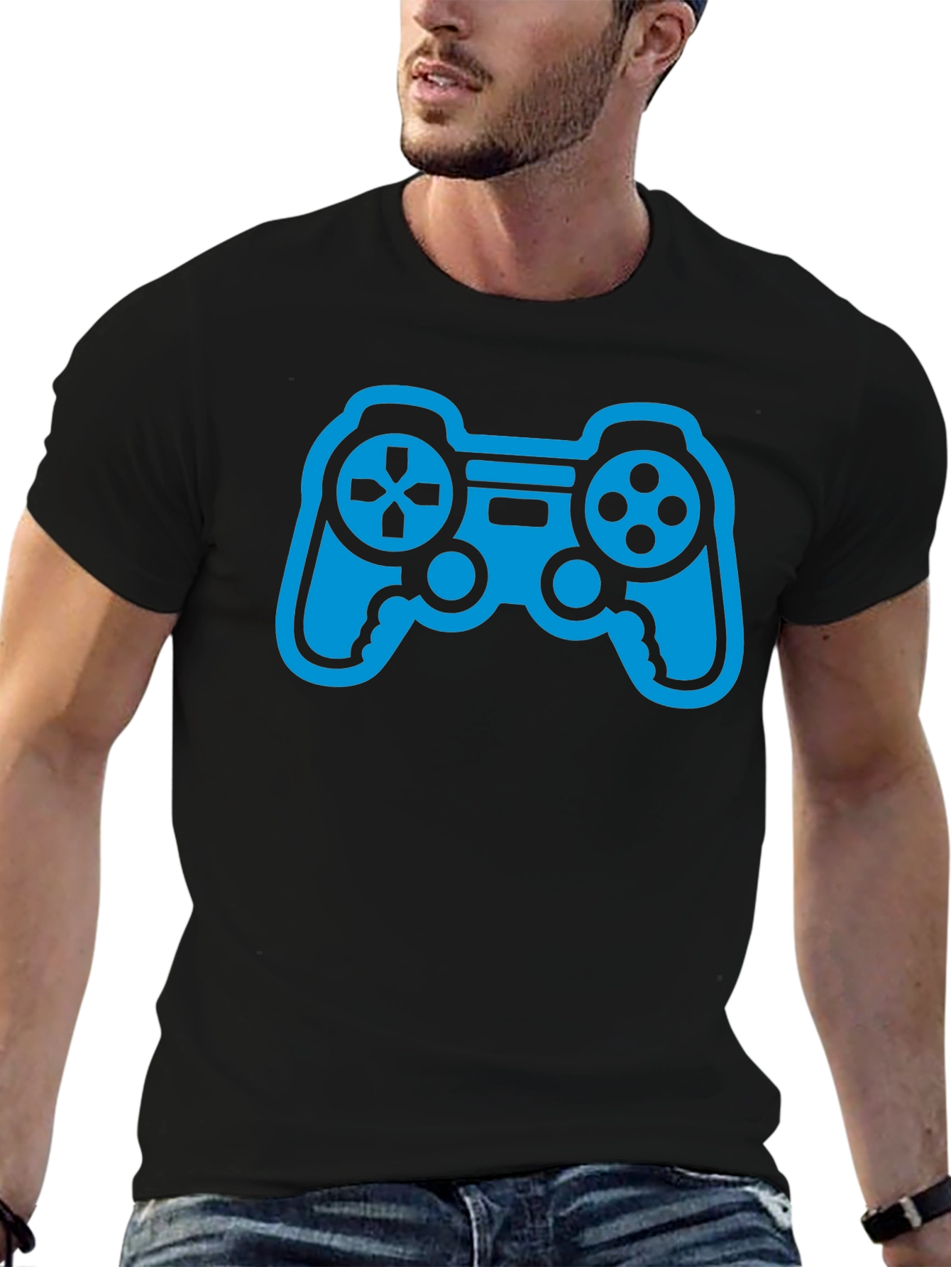 Gamer Style Black T-Shirt with Blue Controller Graphic