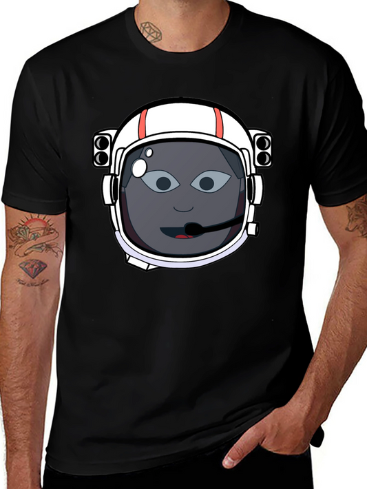 Astronaut Cartoon Graphic Tee - Black Cotton T-Shirt