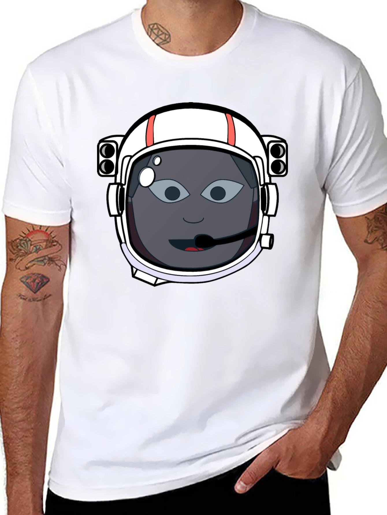 Astronaut Cartoon Graphic Tee - Black Cotton T-Shirt