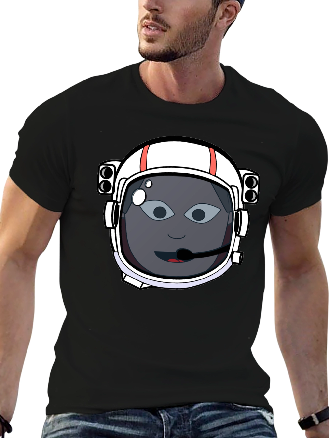 Astronaut Cartoon Graphic Tee - Black Cotton T-Shirt