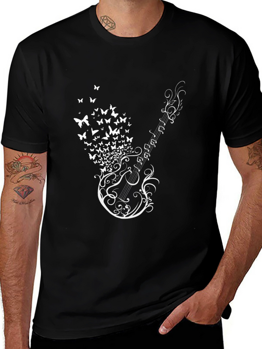 Guitar Butterfly Graphic Print Mens T-Shirt