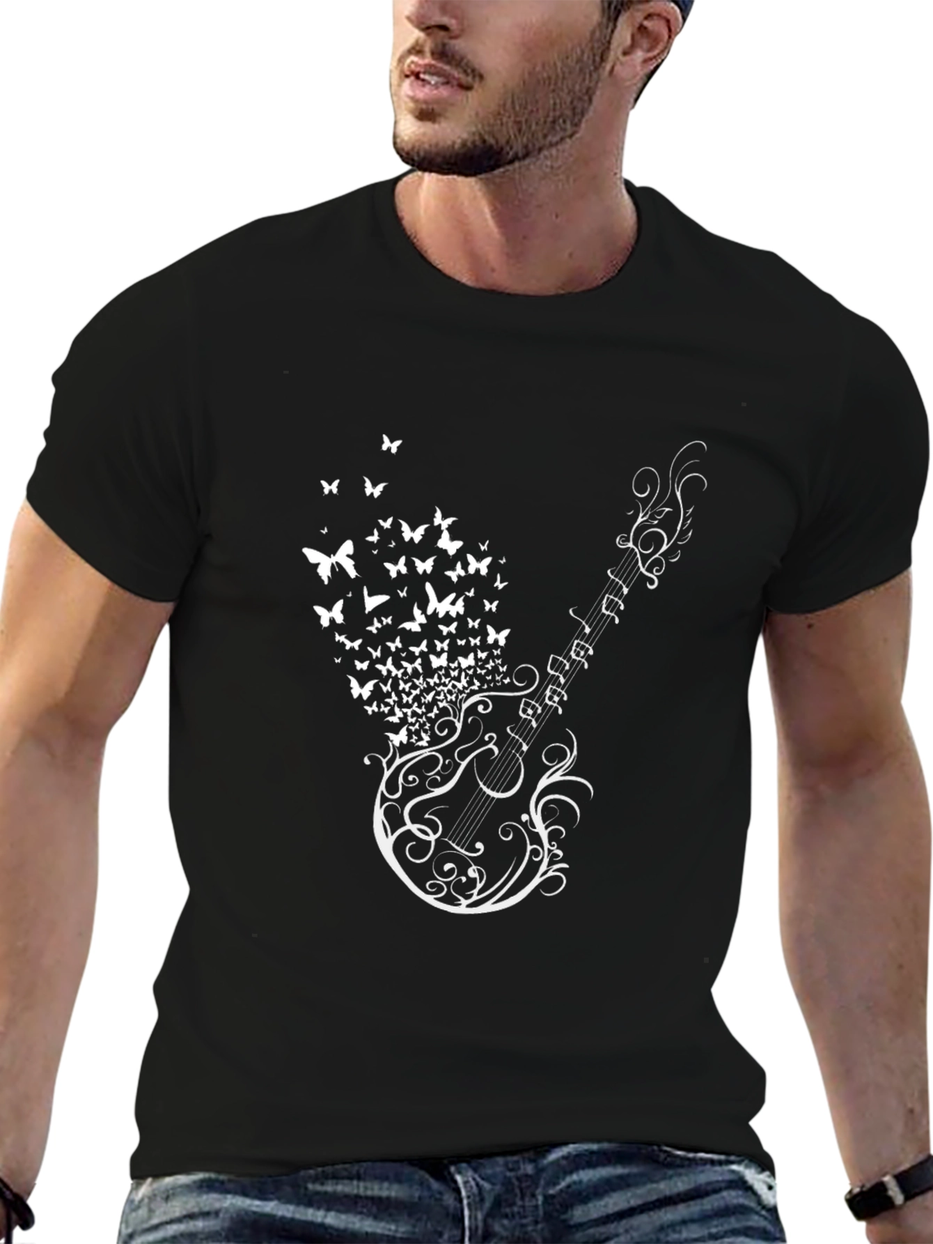 Guitar Butterfly Graphic Print Mens T-Shirt