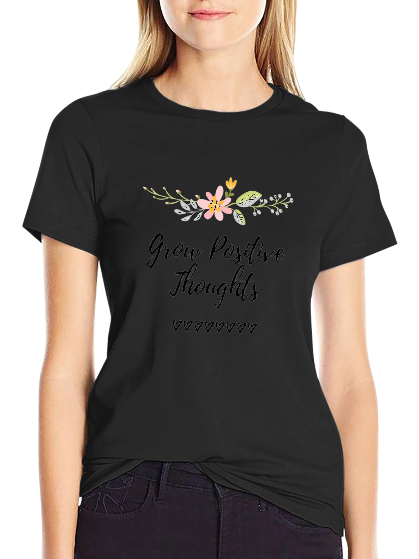 Grow Positive Thoughts Black Graphic T-Shirt