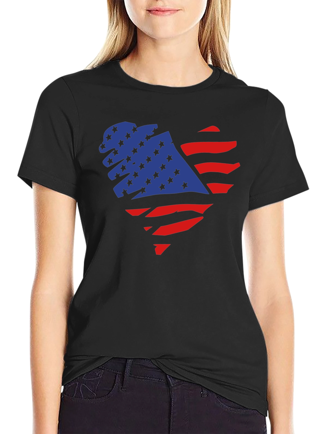 American Flag Heart Graphic Black T-Shirt