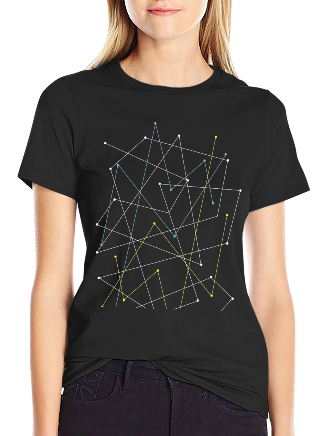 Abstract Geometric Line Art Black T-Shirt