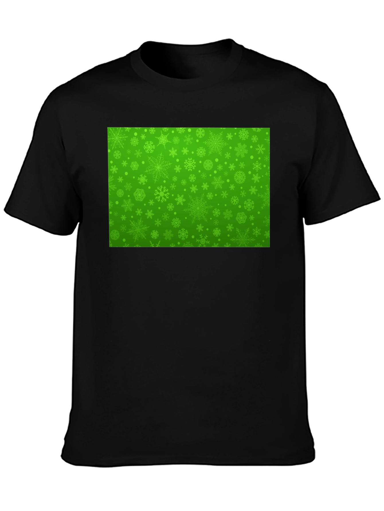Green Snowflake Pattern Black T-Shirt